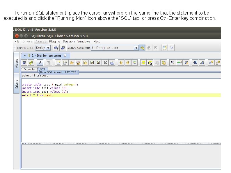 To run an SQL statement, place the cursor anywhere on the same line that