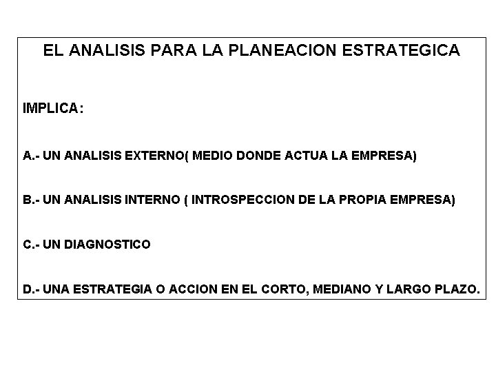 EL ANALISIS PARA LA PLANEACION ESTRATEGICA IMPLICA: A. - UN ANALISIS EXTERNO( MEDIO DONDE