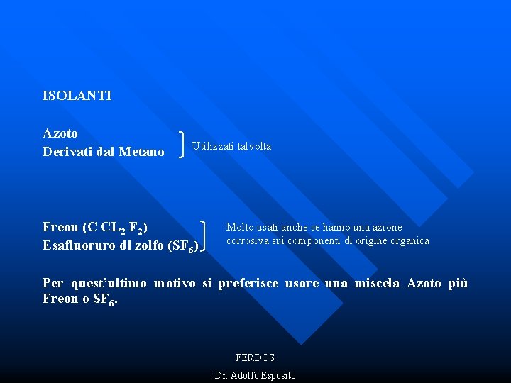 ISOLANTI Azoto Derivati dal Metano Utilizzati talvolta Freon (C CL 2 F 2) Esafluoruro