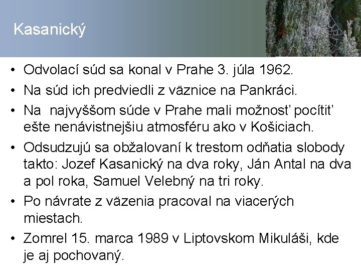 Kasanický • Odvolací súd sa konal v Prahe 3. júla 1962. • Na súd