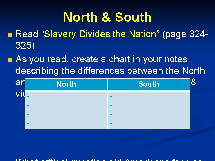 North & South Read “Slavery Divides the Nation” (page 324325) n As you read,