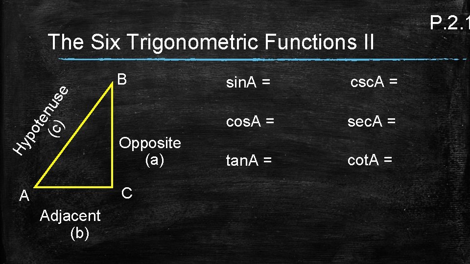 The Six Trigonometric Functions II Hy po ten (c) us e B Opposite (a)