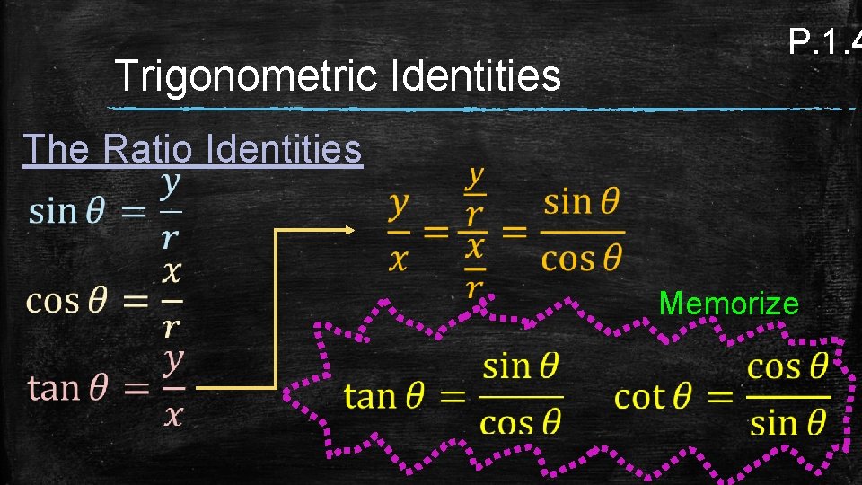 Trigonometric Identities P. 1. 4 The Ratio Identities Memorize 