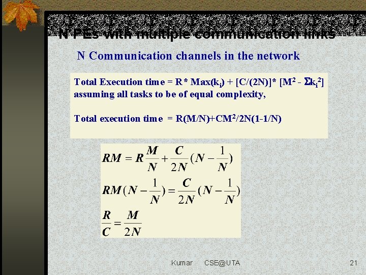 N PEs with multiple communication links N Communication channels in the network Total Execution