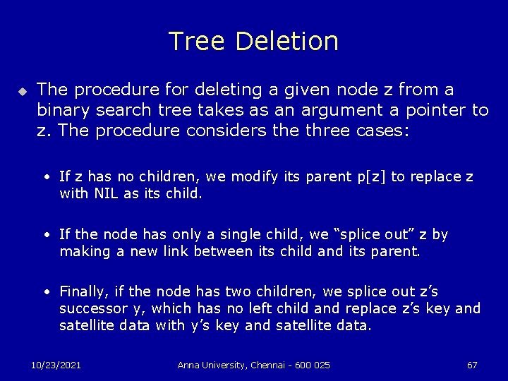 Tree Deletion u The procedure for deleting a given node z from a binary