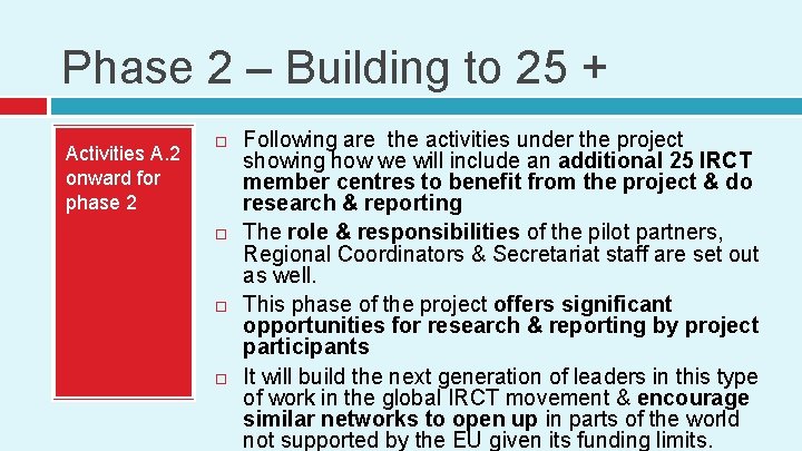 Phase 2 – Building to 25 + Activities A. 2 onward for phase 2