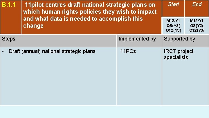 B. 1. 1 11 pilot centres draft national strategic plans on which human rights