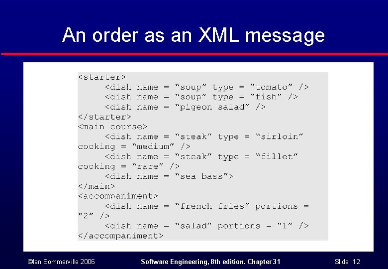 An order as an XML message ©Ian Sommerville 2006 Software Engineering, 8 th edition.