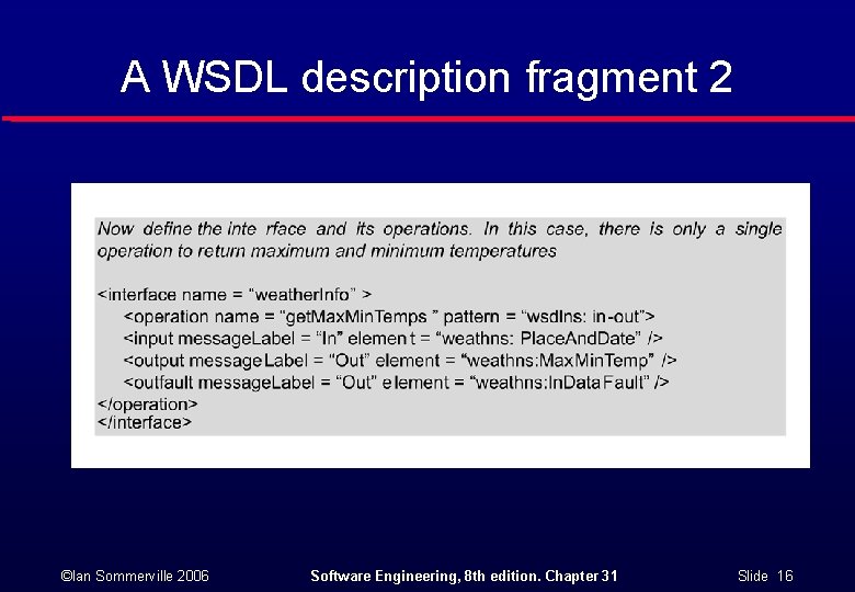 A WSDL description fragment 2 ©Ian Sommerville 2006 Software Engineering, 8 th edition. Chapter