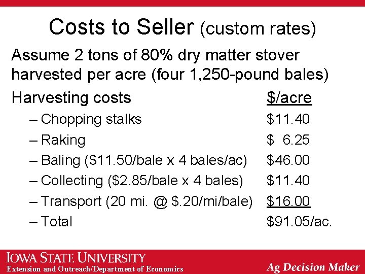 Costs to Seller (custom rates) Assume 2 tons of 80% dry matter stover harvested