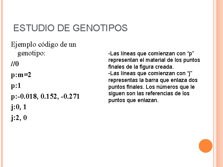 ESTUDIO DE GENOTIPOS Ejemplo código de un genotipo: //0 p: m=2 p: 1 p: