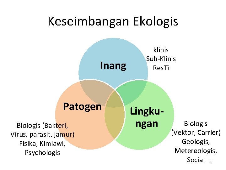 Keseimbangan Ekologis Inang Patogen Biologis (Bakteri, Virus, parasit, jamur) Fisika, Kimiawi, Psychologis klinis Sub-Klinis