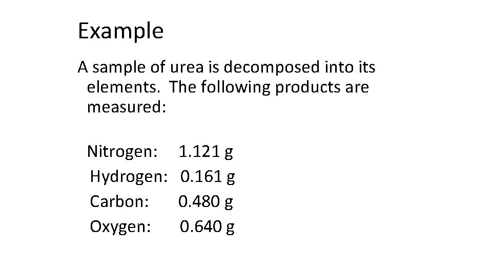 Example A sample of urea is decomposed into its elements. The following products are