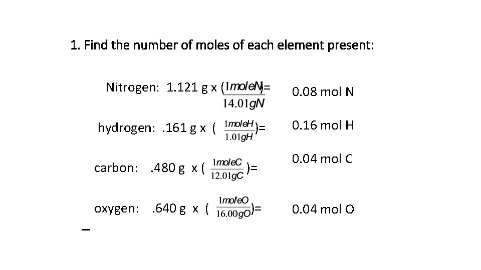 1. Find the number of moles of each element present: Nitrogen: 1. 121 g