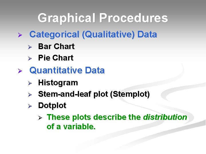 Graphical Procedures Ø Categorical (Qualitative) Data Ø Ø Ø Bar Chart Pie Chart Quantitative