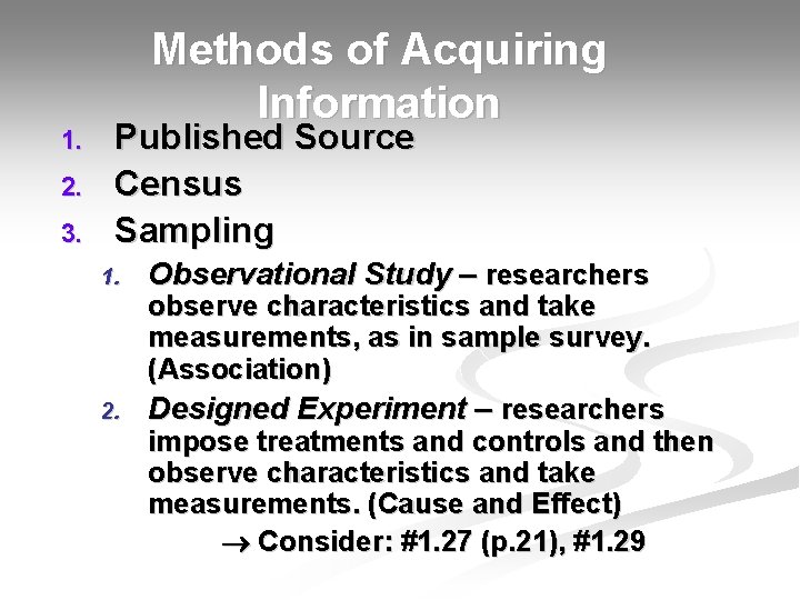 1. 2. 3. Methods of Acquiring Information Published Source Census Sampling 1. 2. Observational