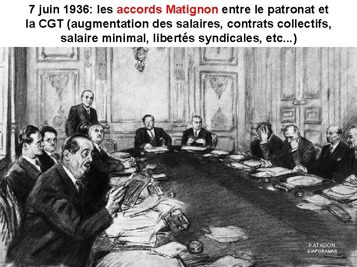 7 juin 1936: les accords Matignon entre le patronat et la CGT (augmentation des