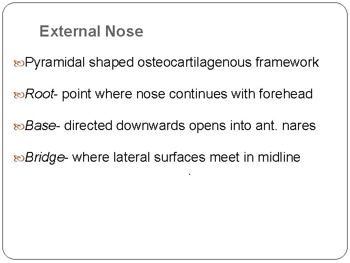 External Nose Pyramidal shaped osteocartilagenous framework Root- point where nose continues with forehead Base-