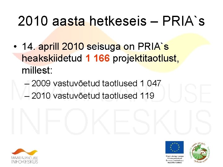 2010 aasta hetkeseis – PRIA`s • 14. aprill 2010 seisuga on PRIA`s heakskiidetud 1