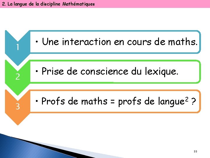 2. La langue de la discipline Mathématiques 1 2 3 • Une interaction en