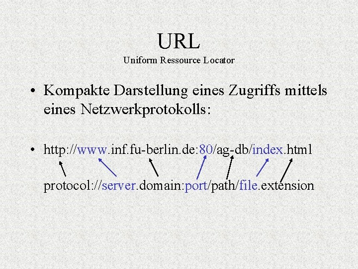 URL Uniform Ressource Locator • Kompakte Darstellung eines Zugriffs mittels eines Netzwerkprotokolls: • http: