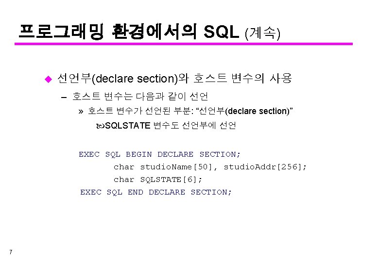 프로그래밍 환경에서의 SQL (계속) u 선언부(declare section)와 호스트 변수의 사용 – 호스트 변수는 다음과
