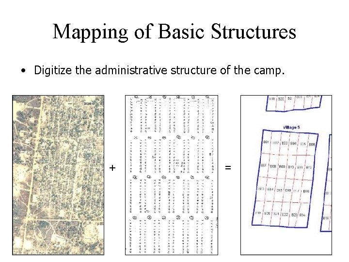 Mapping of Basic Structures • Digitize the administrative structure of the camp. + =