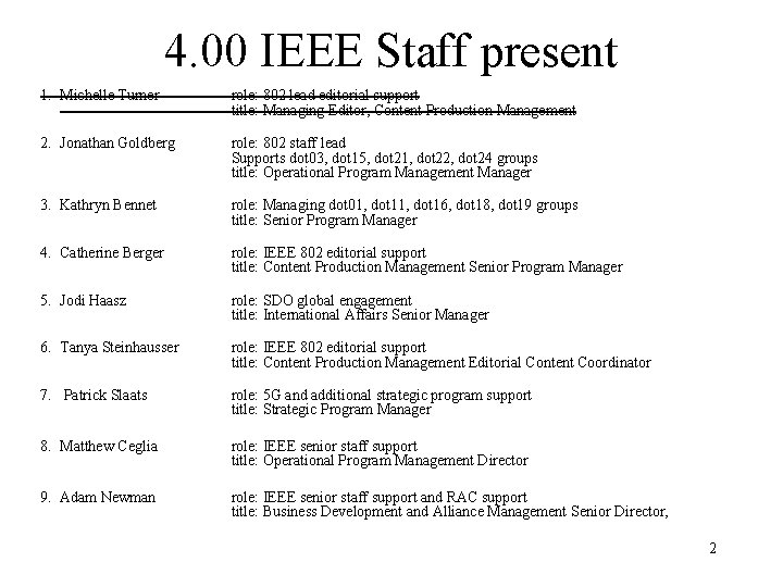 4. 00 IEEE Staff present 1. Michelle Turner role: 802 lead editorial support title: