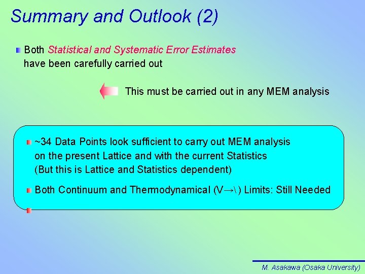 Summary and Outlook (2) Both Statistical and Systematic Error Estimates have been carefully carried