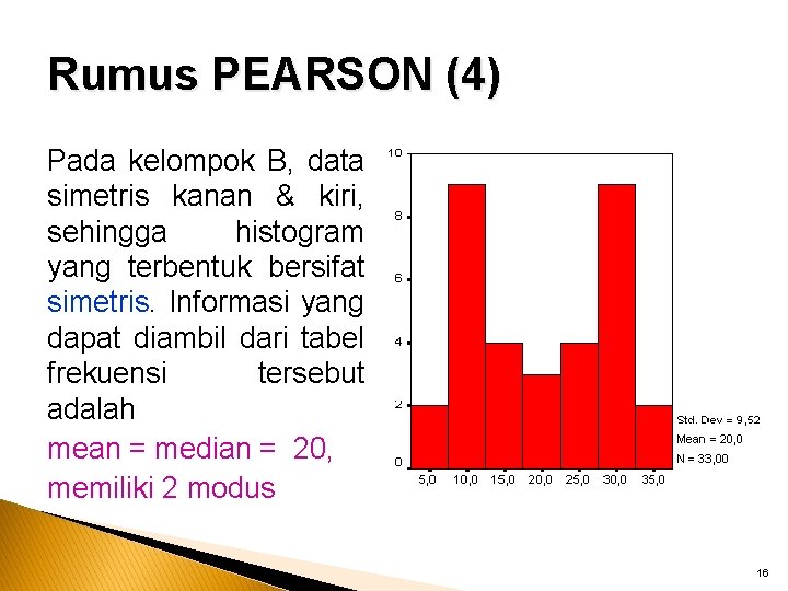 Rumus PEARSON (4) Pada kelompok B, data simetris kanan & kiri, sehingga histogram yang