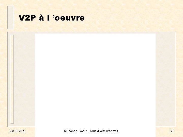 V 2 P à l ’oeuvre 23/10/2021 © Robert Godin. Tous droits réservés. 33