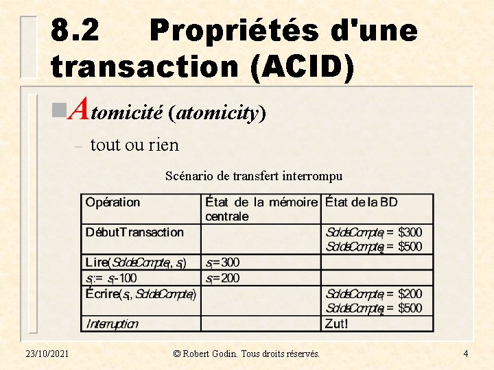 8. 2 Propriétés d'une transaction (ACID) n. Atomicité (atomicity) – tout ou rien Scénario