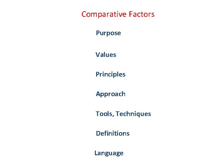 Comparative Factors Purpose Values Principles Approach Tools, Techniques Definitions Language 