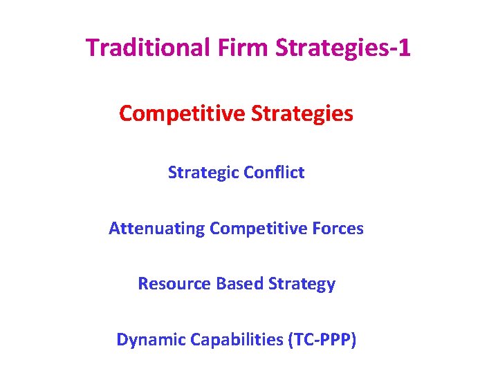 Traditional Firm Strategies-1 Competitive Strategies Strategic Conflict Attenuating Competitive Forces Resource Based Strategy Dynamic