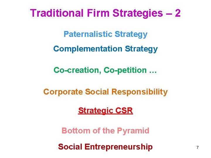Traditional Firm Strategies – 2 Paternalistic Strategy Complementation Strategy Co-creation, Co-petition … Corporate Social
