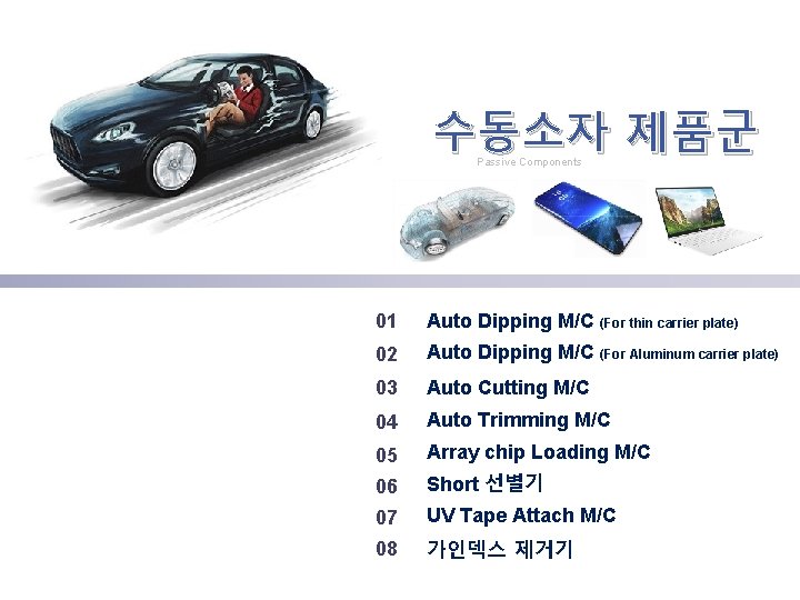 수동소자 제품군 Passive Components 01 Auto Dipping M/C (For thin carrier plate) 02 Auto