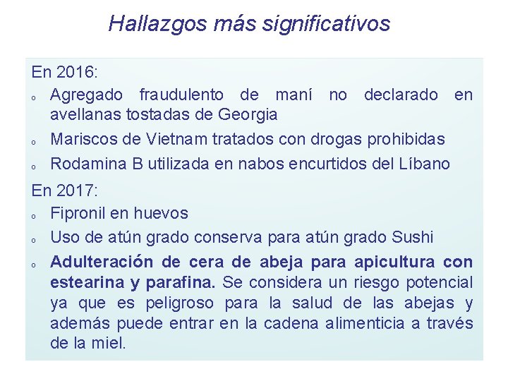 Hallazgos más significativos En 2016: o Agregado fraudulento de maní no declarado en avellanas