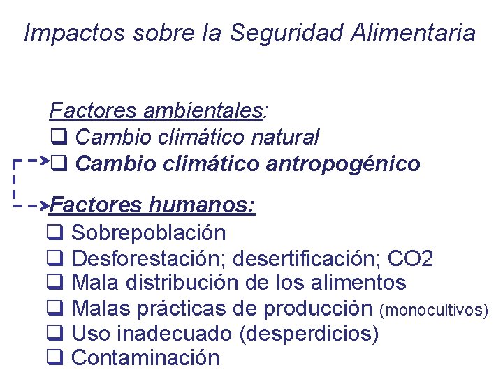 Impactos sobre la Seguridad Alimentaria Factores ambientales: q Cambio climático natural q Cambio climático