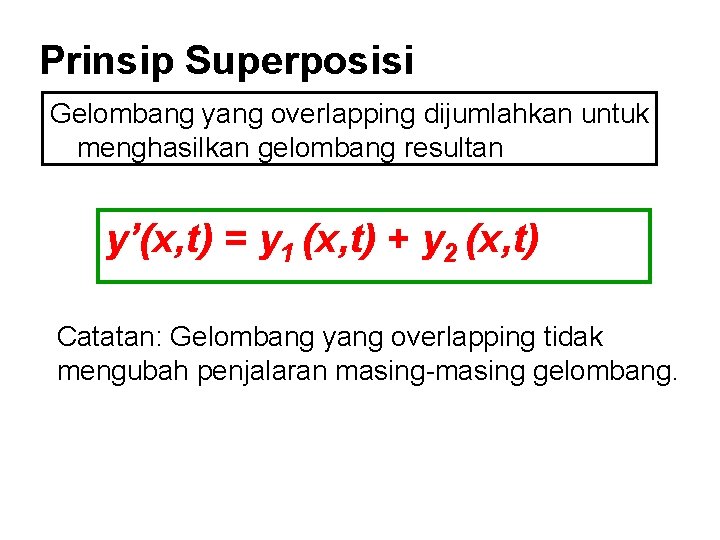 Prinsip Superposisi Gelombang yang overlapping dijumlahkan untuk menghasilkan gelombang resultan y’(x, t) = y