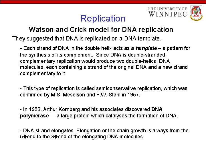 Replication Watson and Crick model for DNA replication They suggested that DNA is replicated