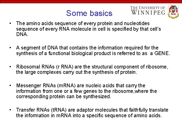 Some basics • The amino acids sequence of every protein and nucleotides sequence of