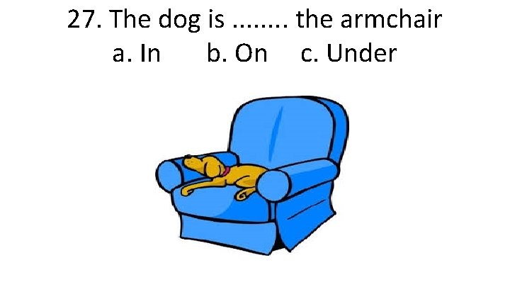 27. The dog is. . . . the armchair a. In b. On c.