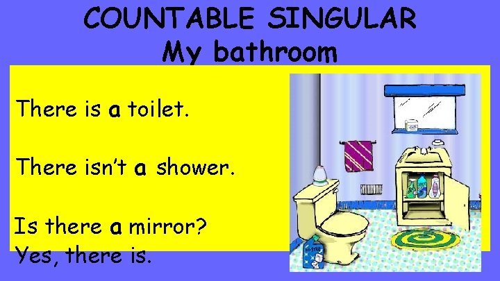 COUNTABLE SINGULAR My bathroom There is a toilet. There isn’t a shower. Is there