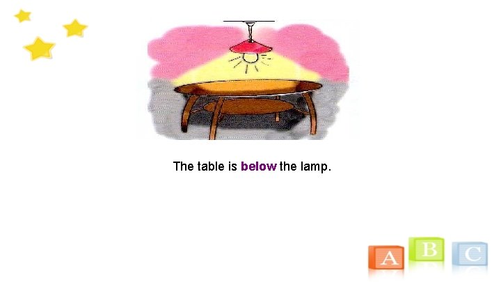 The table is below the lamp. 