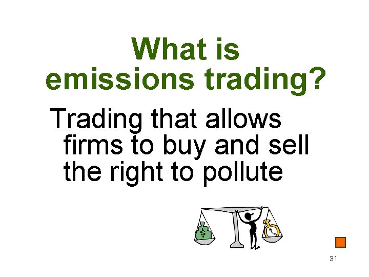 What is emissions trading? Trading that allows firms to buy and sell the right