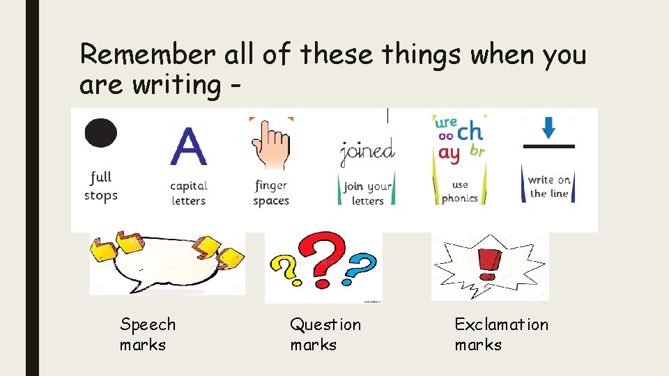 Remember all of these things when you are writing - Speech marks Question marks