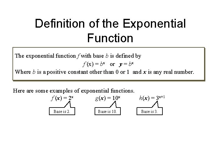 Definition of the Exponential Function The exponential function f with base b is defined