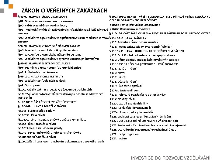 ZÁKON O VEŘEJNÝCH ZAKÁZKÁCH § 109 a-109 b: HLAVA II VÝBĚR SUBDODAVATELE V PŘÍPADĚ