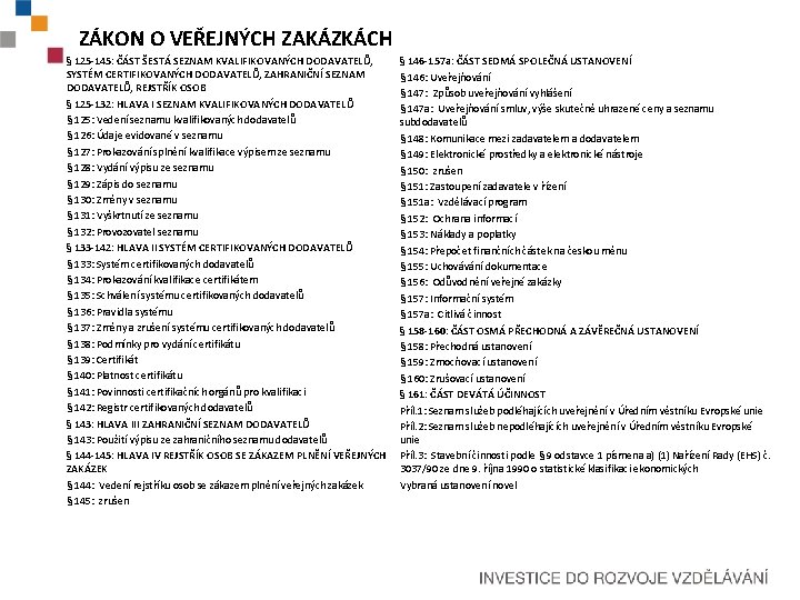 ZÁKON O VEŘEJNÝCH ZAKÁZKÁCH § 125 -145: ČÁST ŠESTÁ SEZNAM KVALIFIKOVANÝCH DODAVATELŮ, SYSTÉM CERTIFIKOVANÝCH