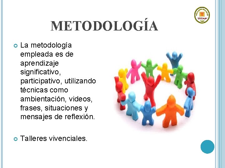 METODOLOGÍA La metodología empleada es de aprendizaje significativo, participativo, utilizando técnicas como ambientación, videos,
